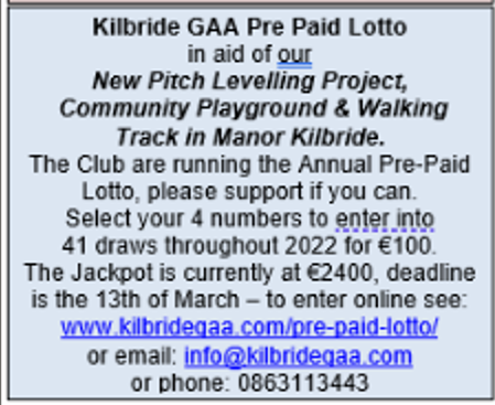 Juvenile Training restarts on the New Pitch in Kilbride on the 28th of March at 6.30