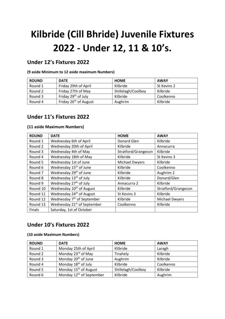 Kilbride Juvenile Fixtures 2022