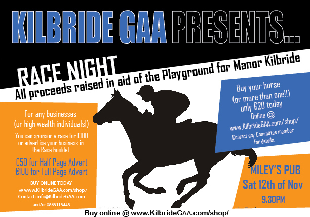 Kilbride GAA - Race Night - 12th of November 9.30PM in Miley's Pub - FUNDS Raised for Playground in Manor Kilbride