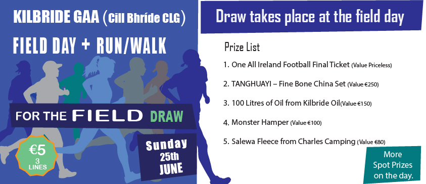 Field Day Raffle Has just been launched…Some Great Prizes…All Ireland Football FINAL Ticket and more…Buy your tickets online today…